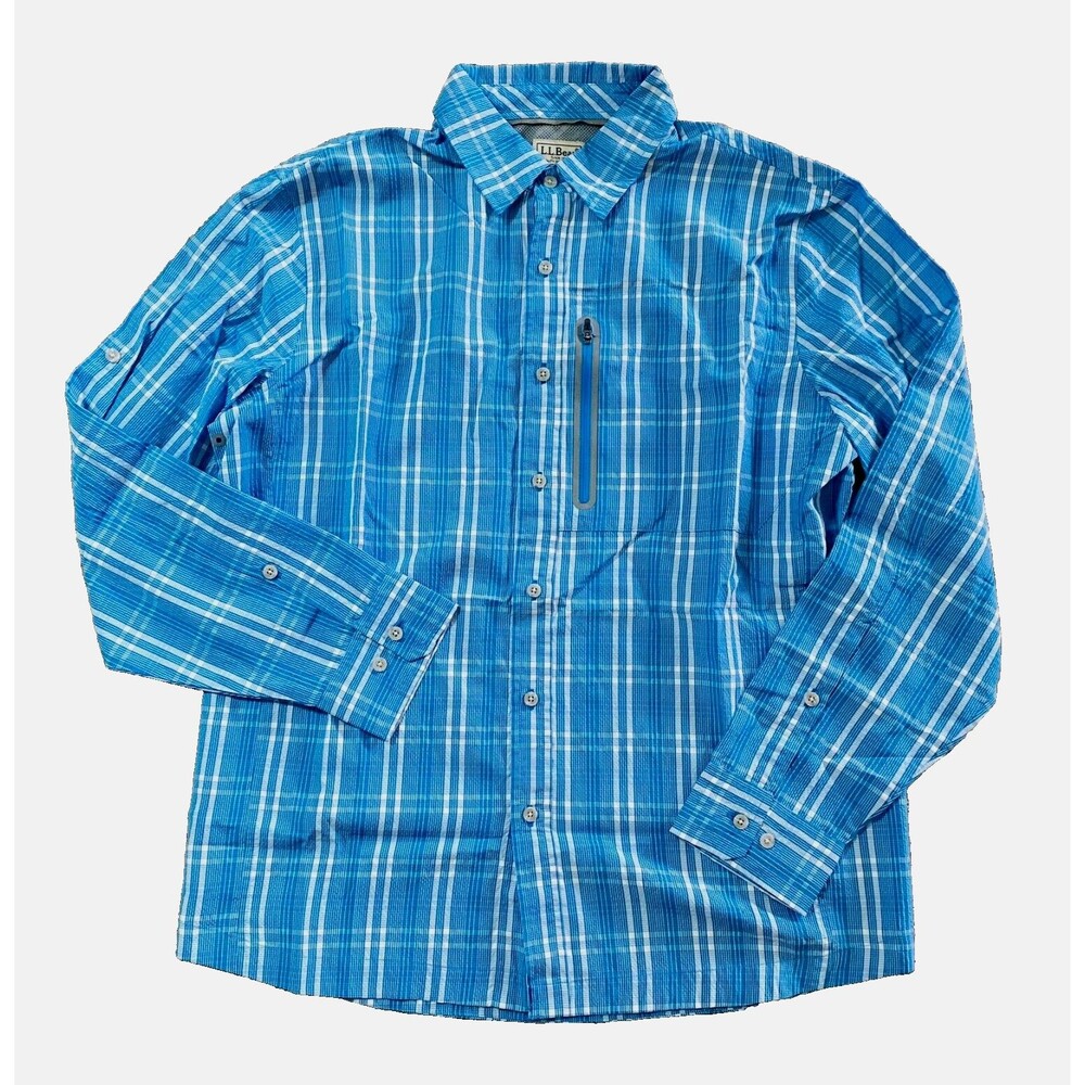 L.L.Bean Shirt M Blue & White Plaid Long Sleeve Tall Rob Button Up Pocket‎